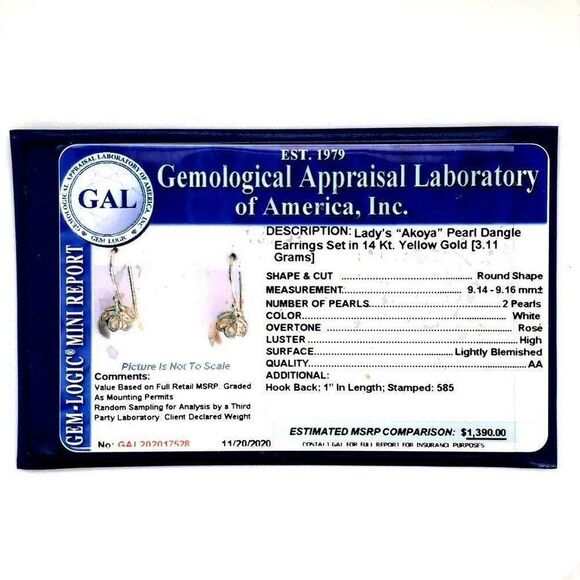 Akoya Pearl Earrings 14 KT Yellow Gold 9.16 mm Certified $1,390 017528 - Picture 7 of 7